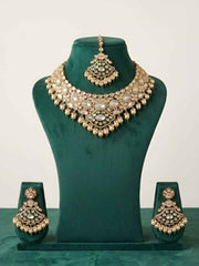 Gold Plated Luxury Wedding Polki Kundan Necklace Set With Tikka - Wedding & Bridal Jewellery Set