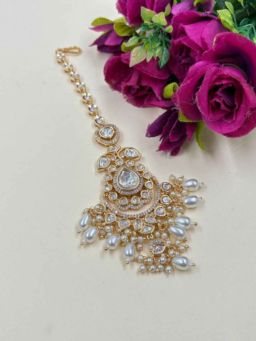 Traditional Big Kundan Pearl Maang Tikka For Women | Bridal Wedding Forehead Jewelry