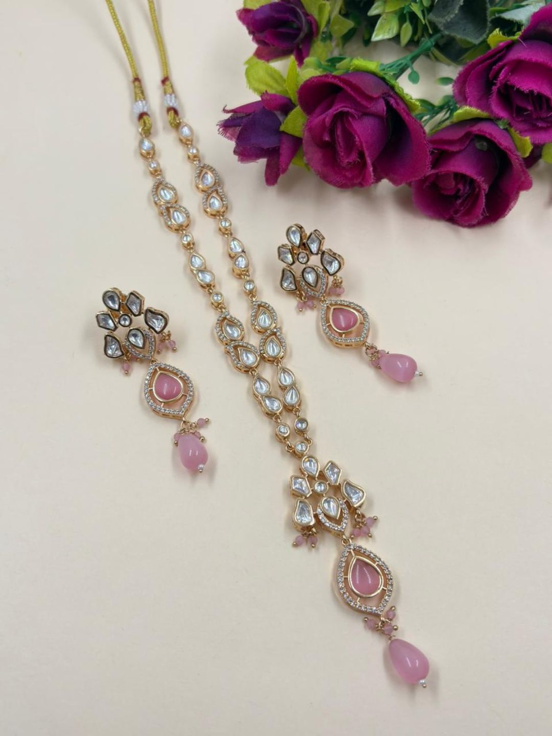 Elegant Rose Gold Finish pink Polki Necklace Set For Women - Indo Western Modern Jewellery Set