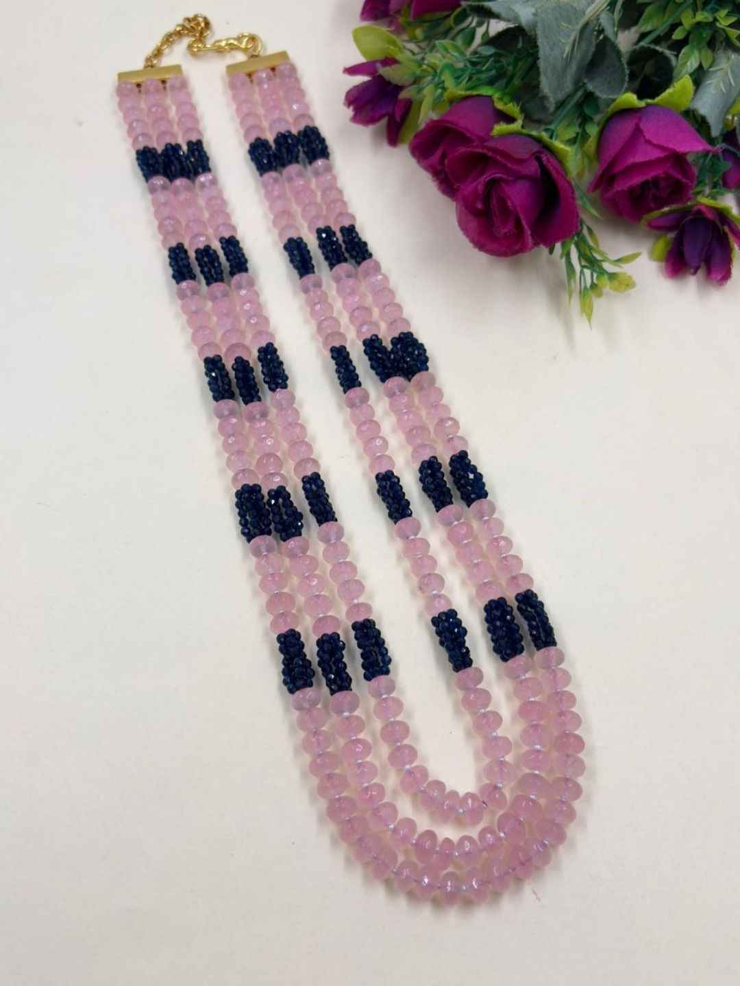 Designer Long Layered Pink Jade And Blue Hydro Beaded Necklace - Saree And Sherwani Necklace
