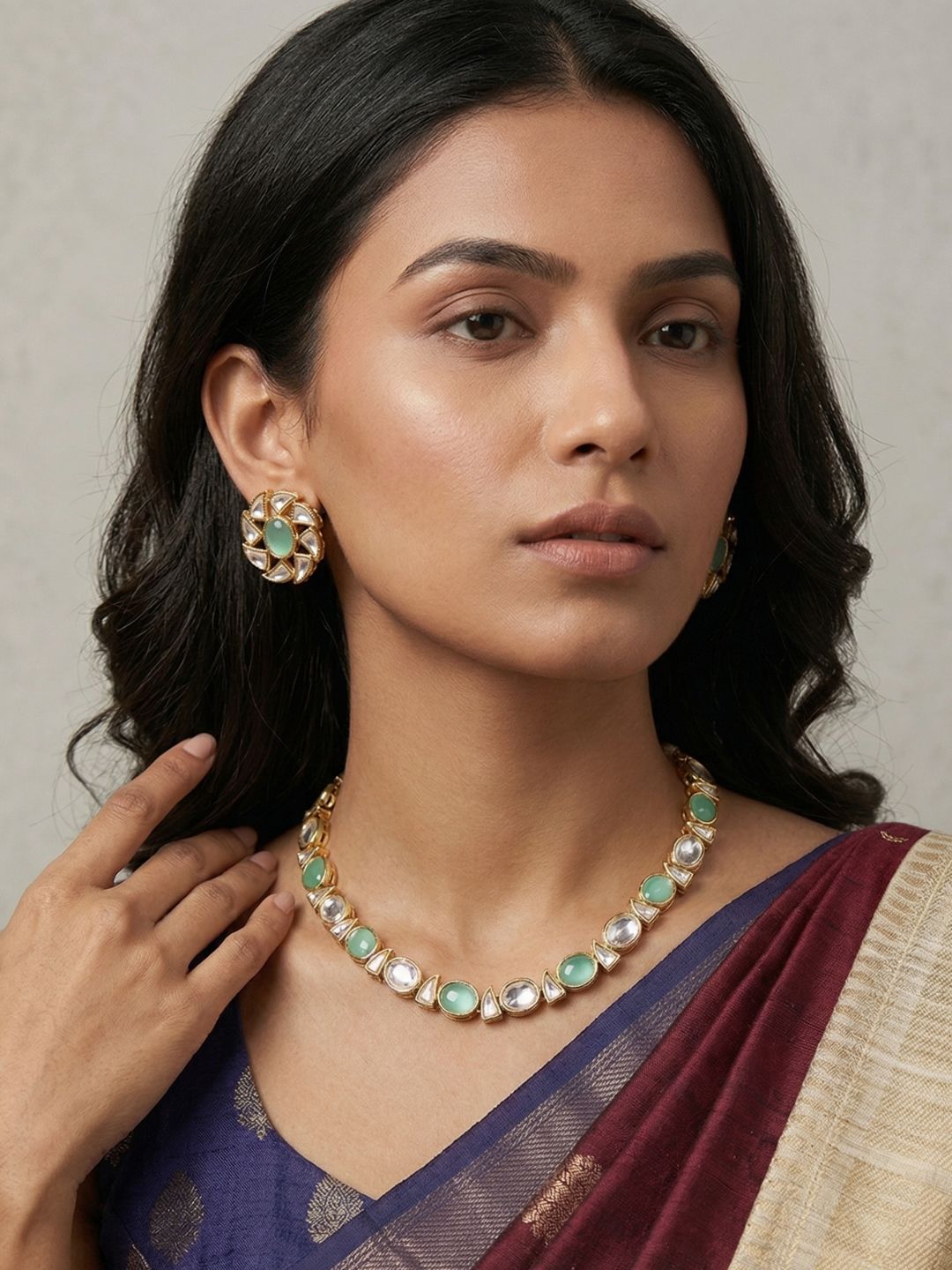 Simple And Elegant Single Line Kundan Necklace Set - Festive Kundan Jewellery