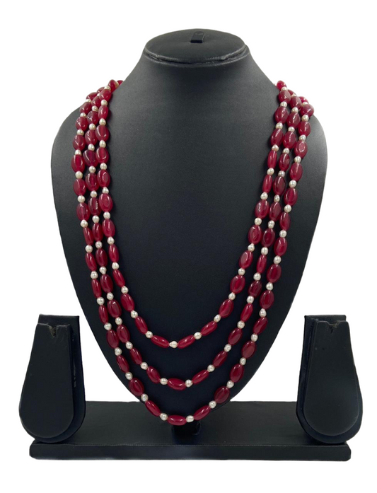 Semi Precious Triple Layered Ruby Red Jade Beads and real pearls Necklace From Gehna Shop Beads Jewellery