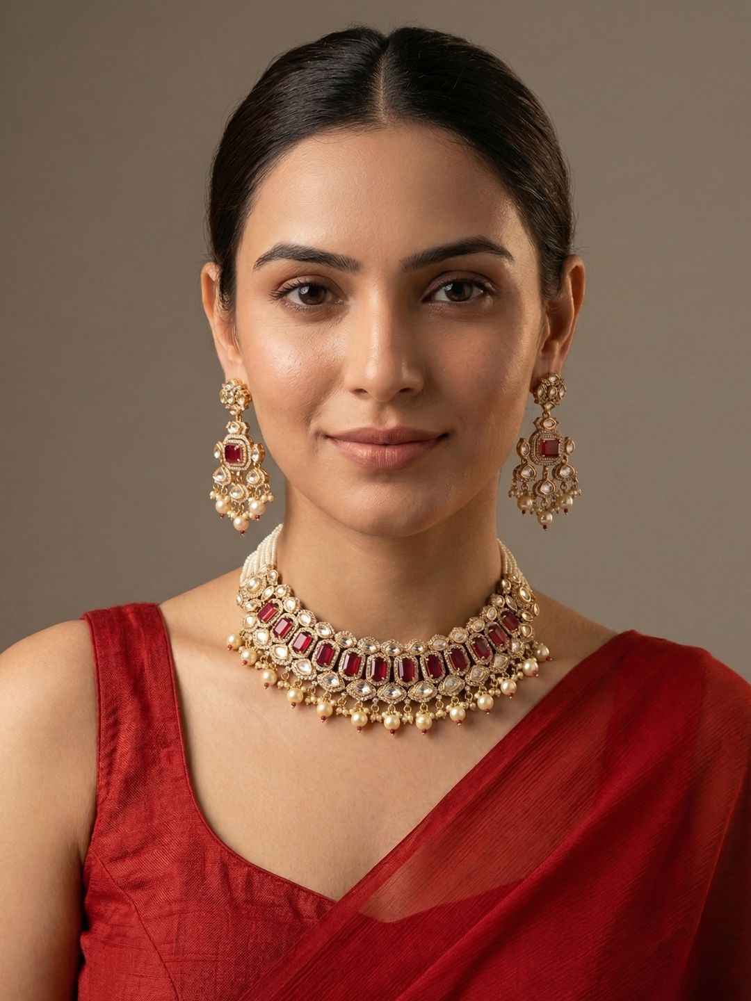 Designer Gold Plated Beaded Ruby Stone And Polki Wedding Jewellery Set | Traditional And Ethnic Wear