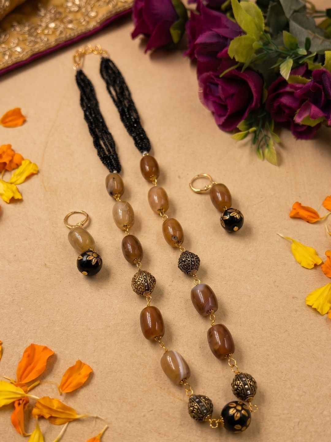 Traditional Brown Color Chalcidony Beaded Necklace Set For Women | Gemstone Beaded Necklace