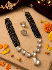 Elegant Victorian Polki Beaded Black Necklace Set For Women