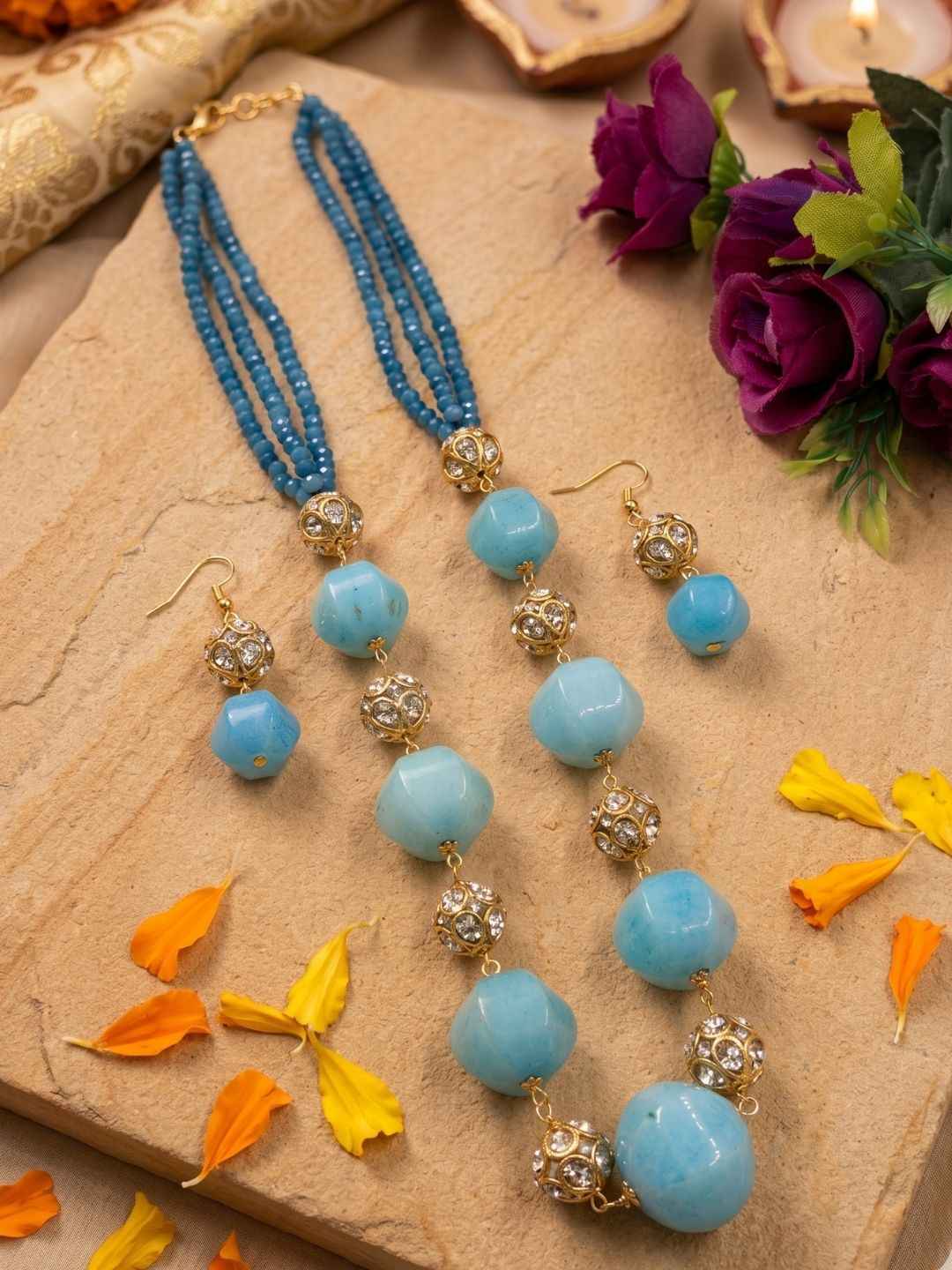 Elegant Sky Blue Beaded Necklace Set | Gemstone Beaded Jewellery
