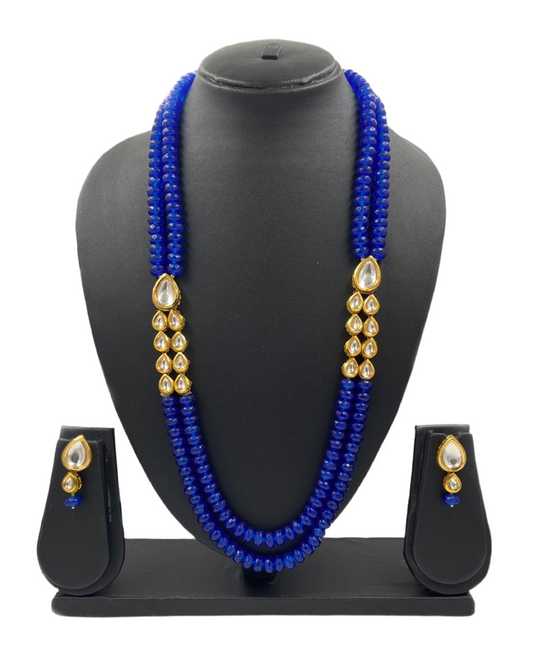 Designer Semi Precious Blue Jade And Kundan Double Strand Beaded Necklace For Woman Beads Jewellery