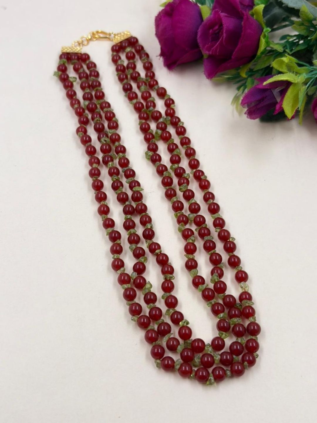 Elegant triple Layered Natural Carnelian Beads Necklace For Women - Orange Beads Necklace