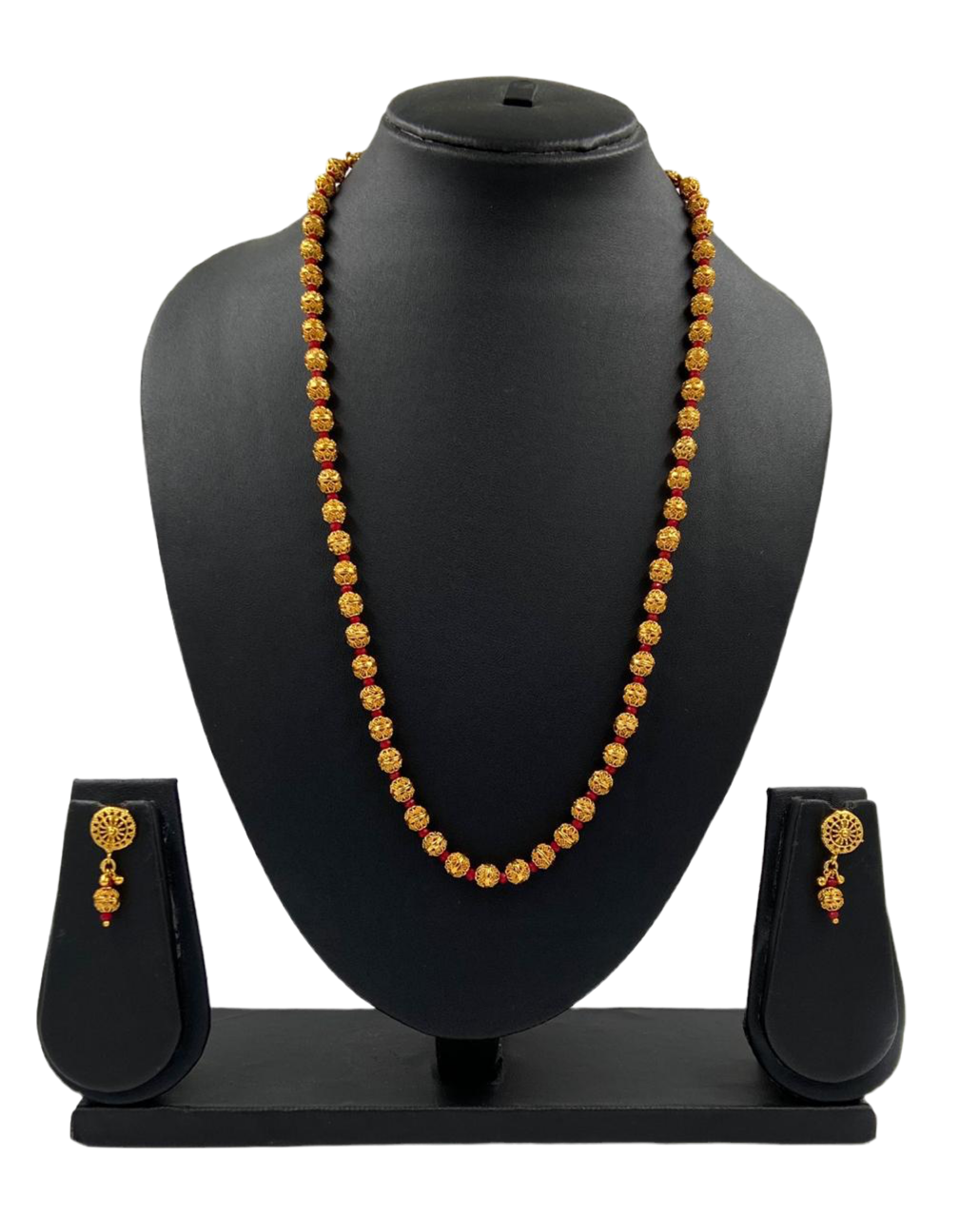 Traditional Gold Toned Single Strand Golden Beads Matar Mala Red Necklace For Woman