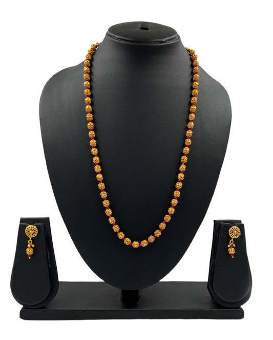 Traditional Gold Toned Single Strand Golden Beads Matar Mala Red Necklace For Woman