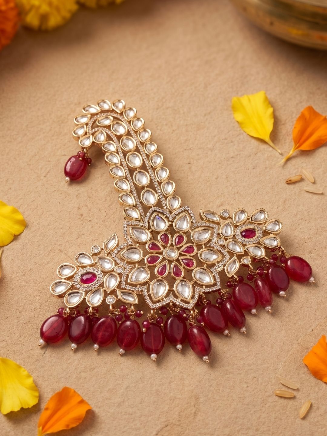 Royal Look Maharaja red beaded studded kundan Polki Kalangi For Grooms | Safa Kalgi For Men | Turban Brooch