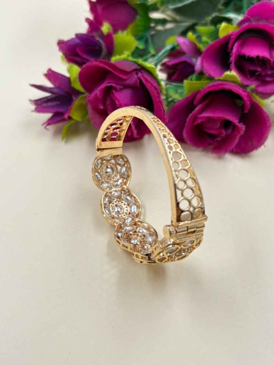 Elegant Next To Real Party & Wedding Wear Openable Kundan Polki Bracelet For Women