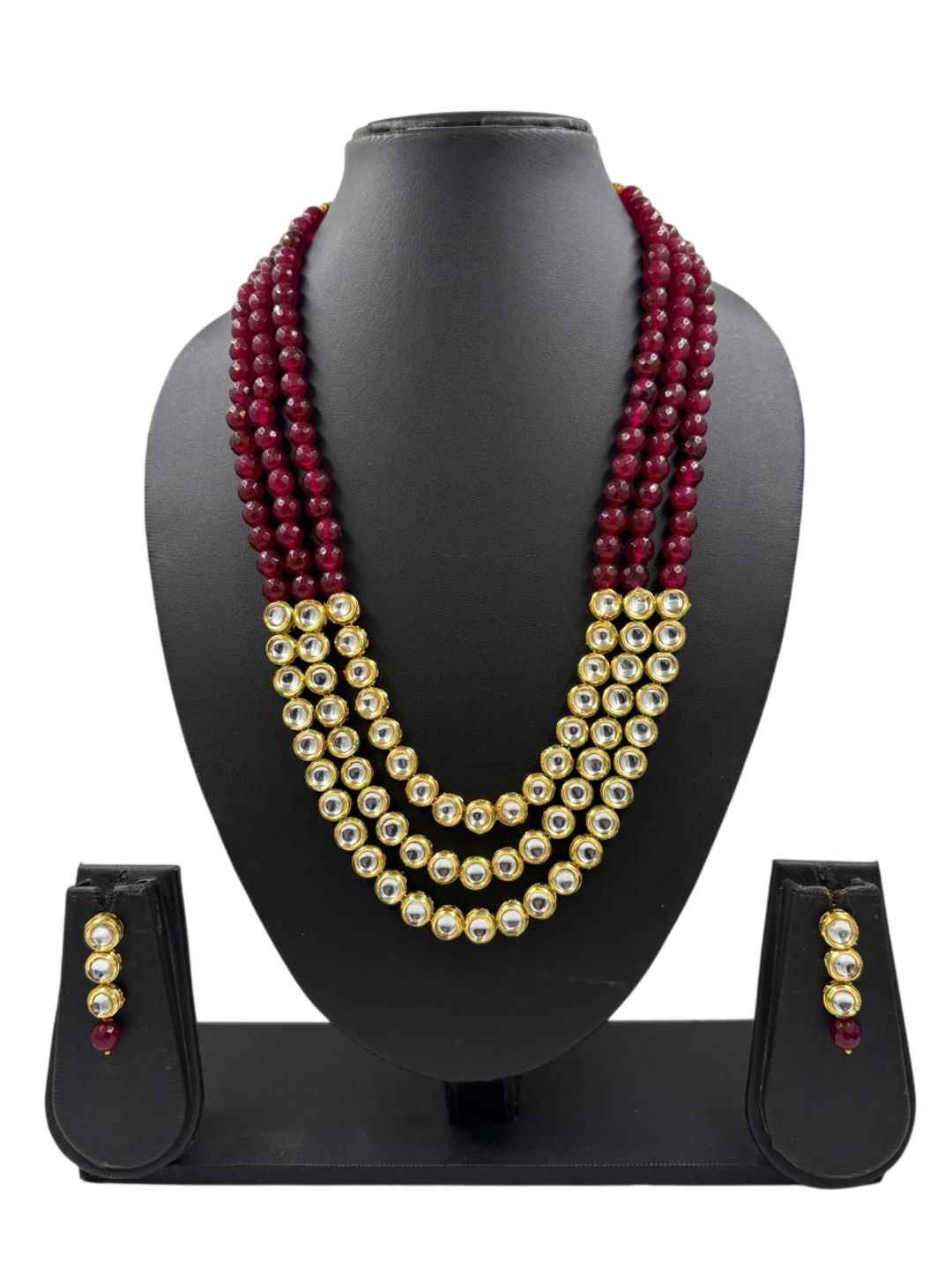 Gold Plated Layered Kundan and red jade  Beaded Necklace Set - Traditional Ethnic Jewellery Set