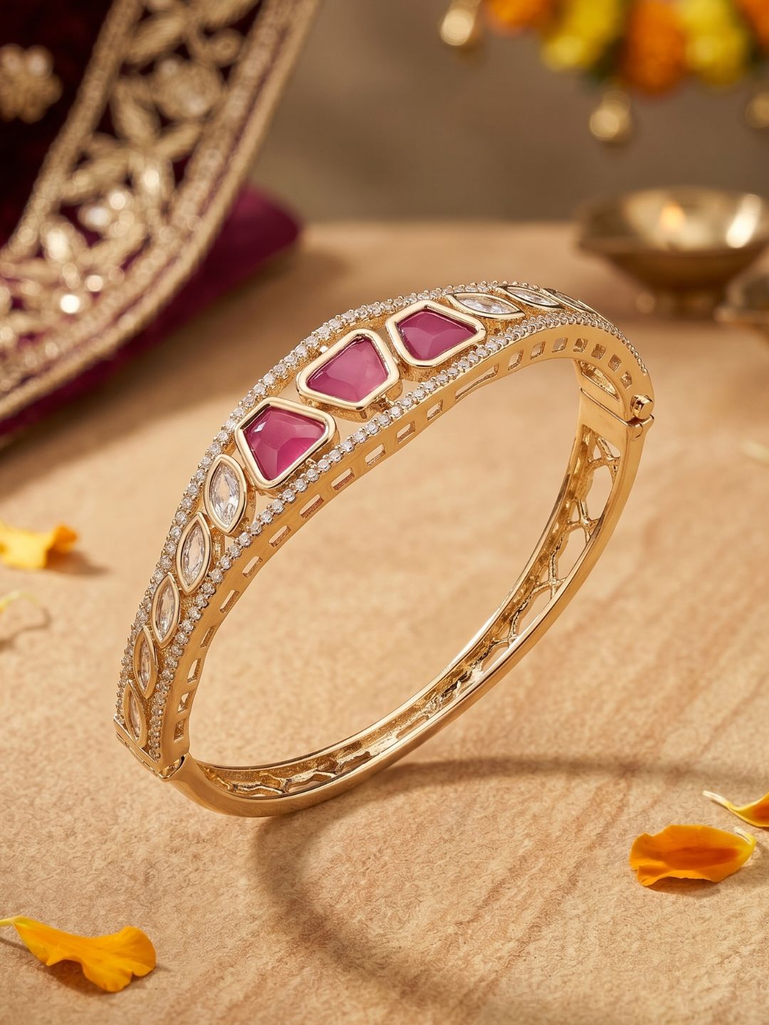 Gold Plated Elegant Sleek studded Kundan and ruby stone Bracelet For Women | Ethnic & Traditional Wear delicate bracelets 