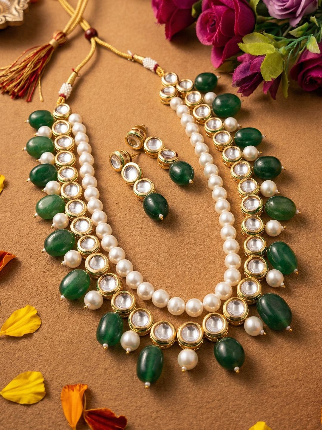 Traditional Gold Plated green Beaded Kundan Necklace Set For Women - Ethnic Indian Jewellery Set