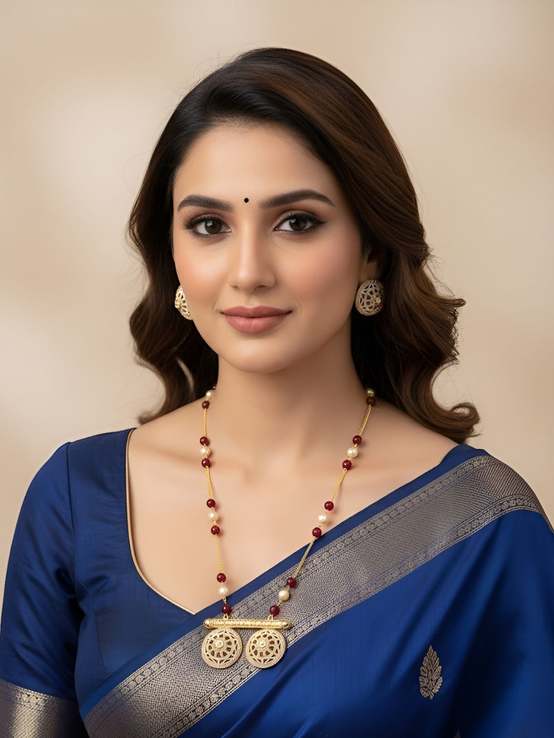 Traditional Long Beaded Chain Pendant Necklace Set With red Meenakari - Ethnic Jewellery Set