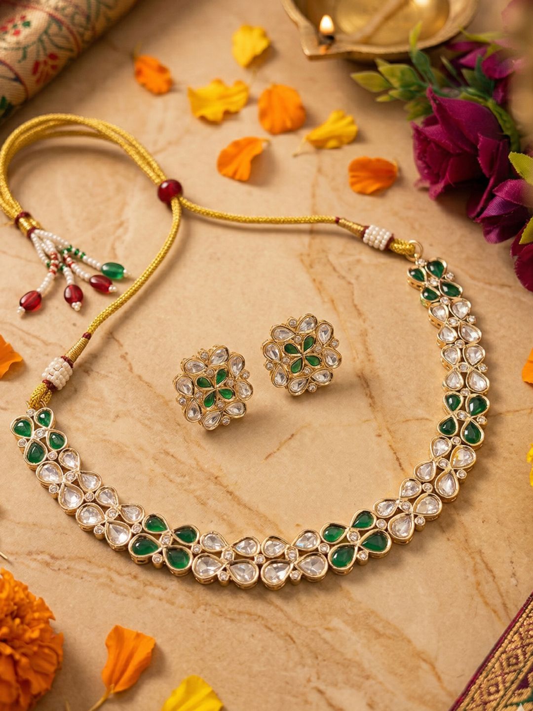 Gold Plated Elegant Polki Kundan green Necklace Set | Festive And Wedding Wear Jewellery Set