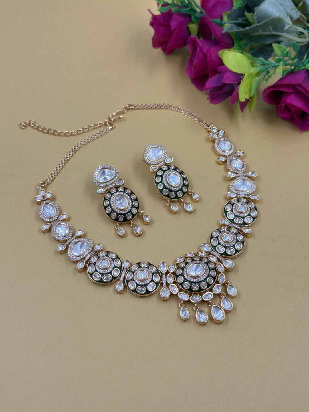 Gold Plated Green Meenakari Kundan Necklace Set  For Women - Wedding And Festive Wear