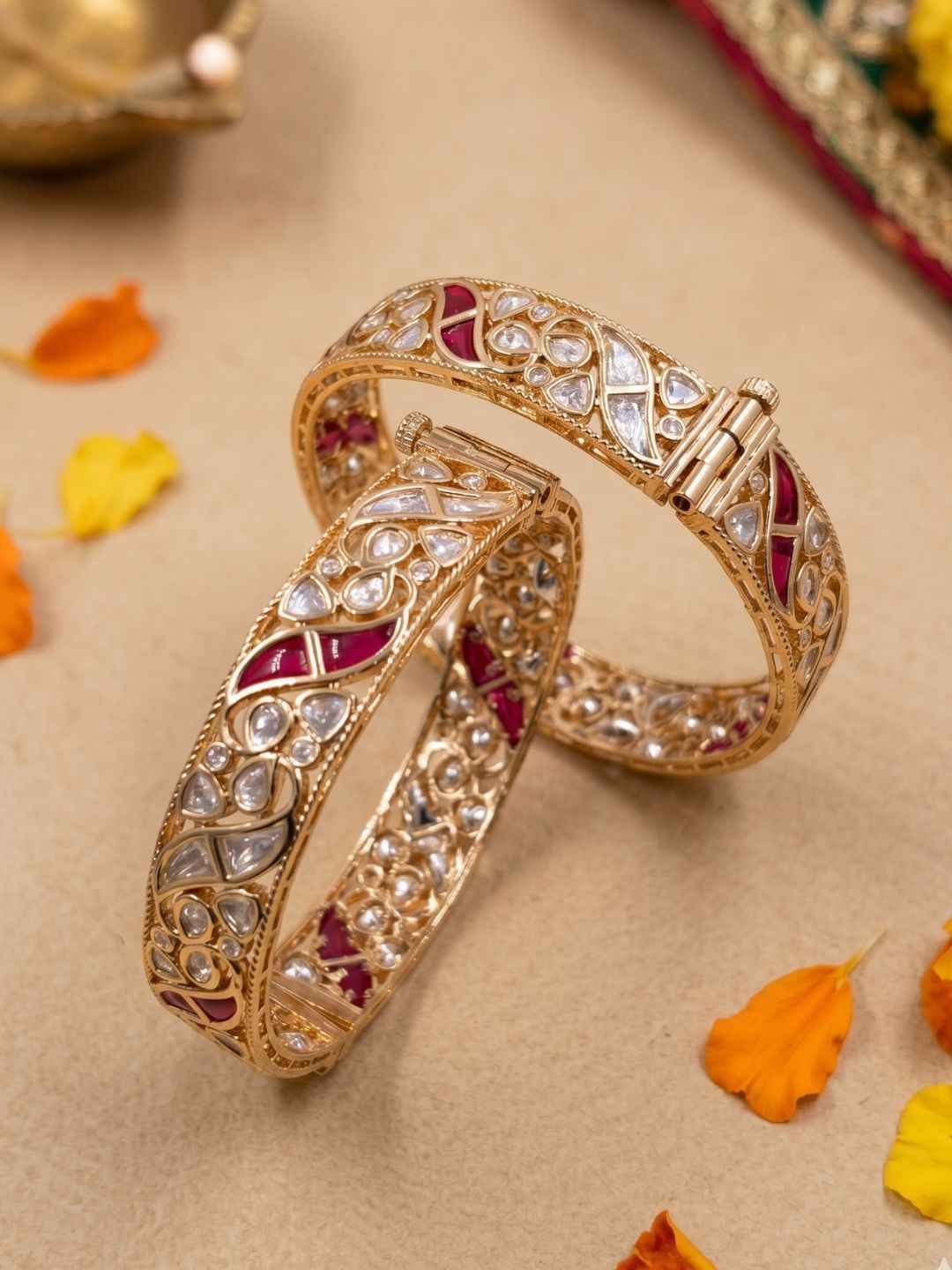 Gold Palted Uncut Polki Kundan Kada Bangles | Wedding And Festive Wear Indian Bangles