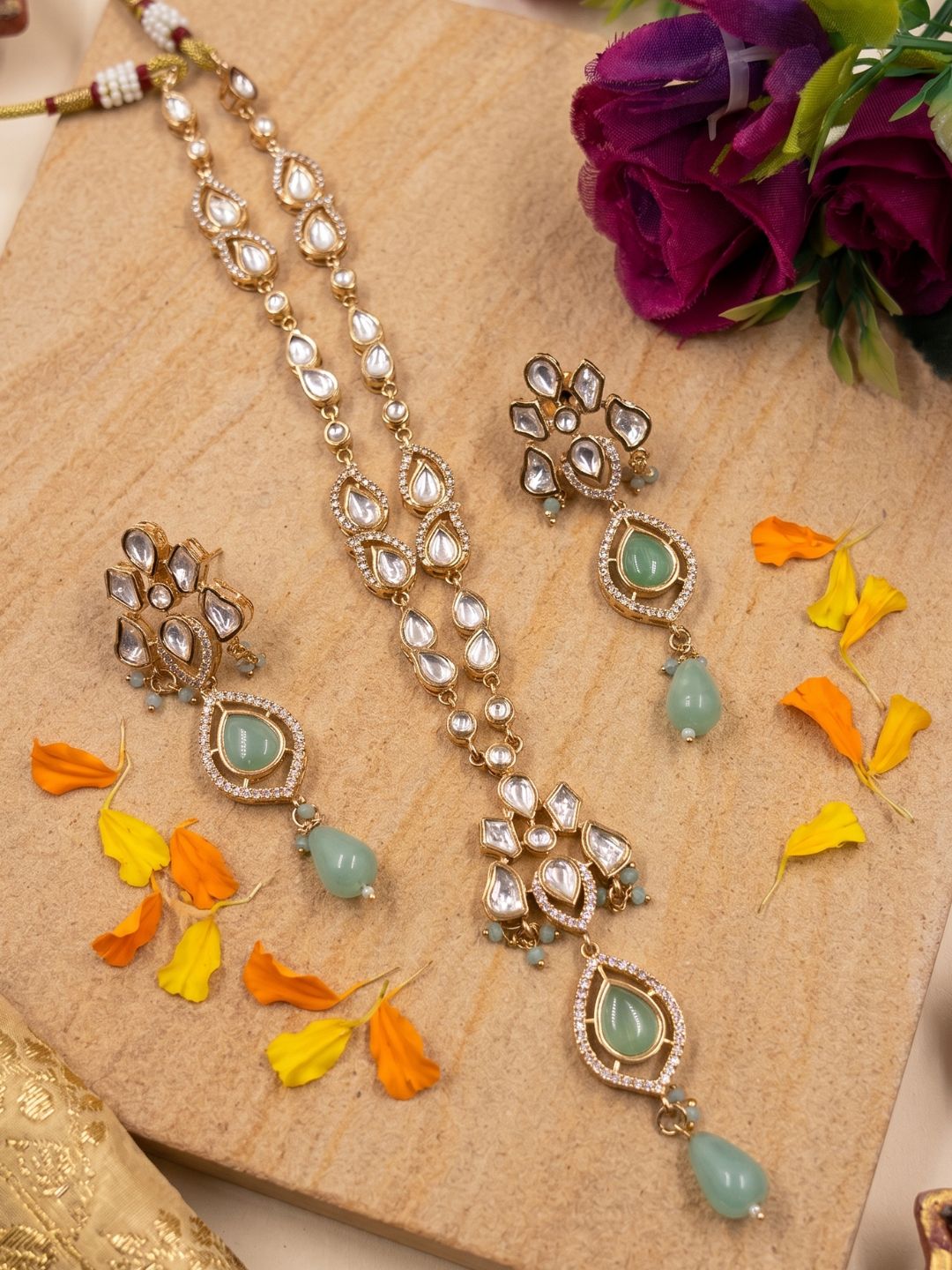 Elegant Rose Gold Finish Polki pendant Necklace Set For Women - Indo Western Modern Jewellery Set