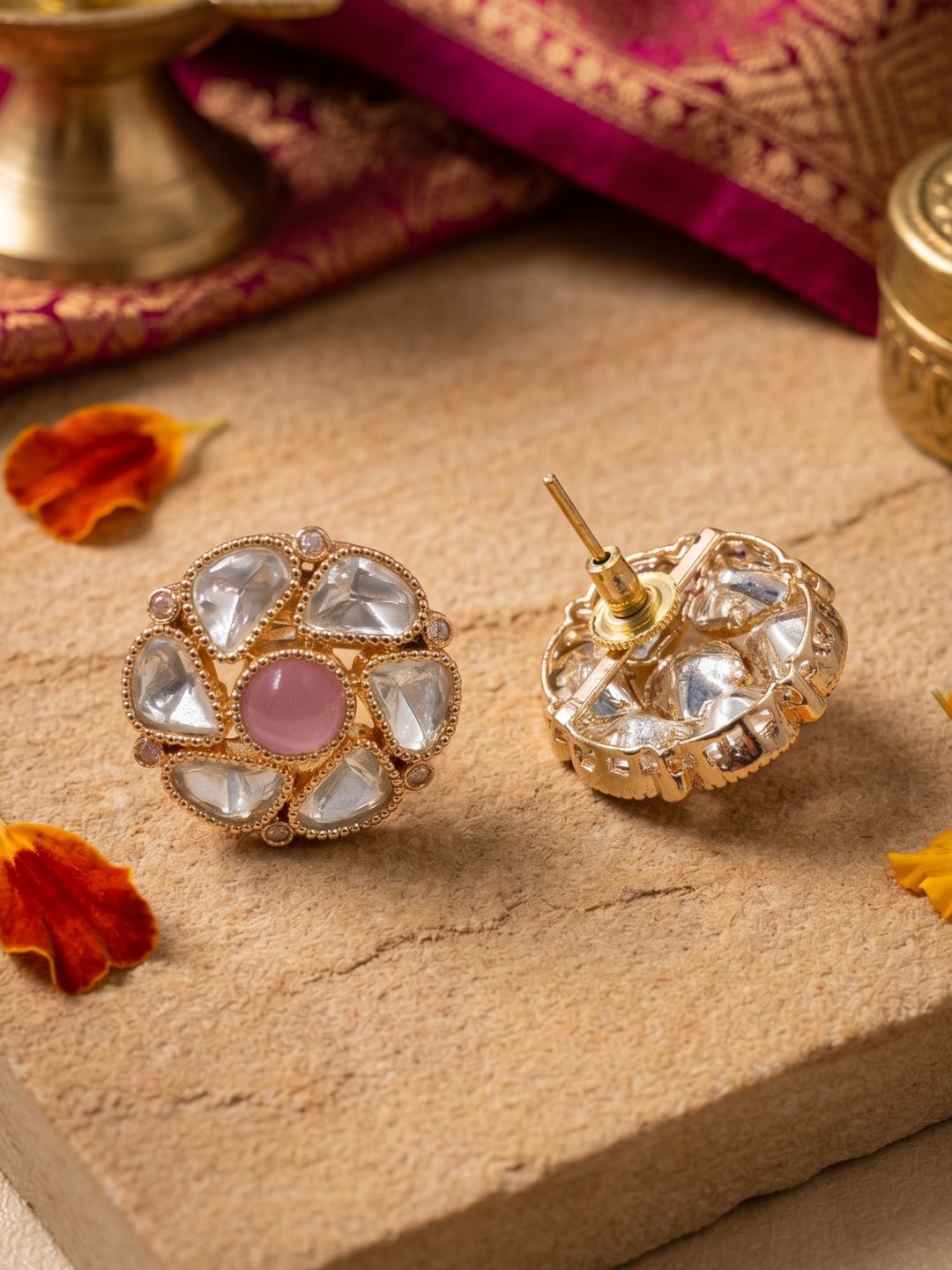 Elegant Gold Plated Polki Kundan Stud Earrings For Women | Ethnic And Traditional Indian pink stud Earrings