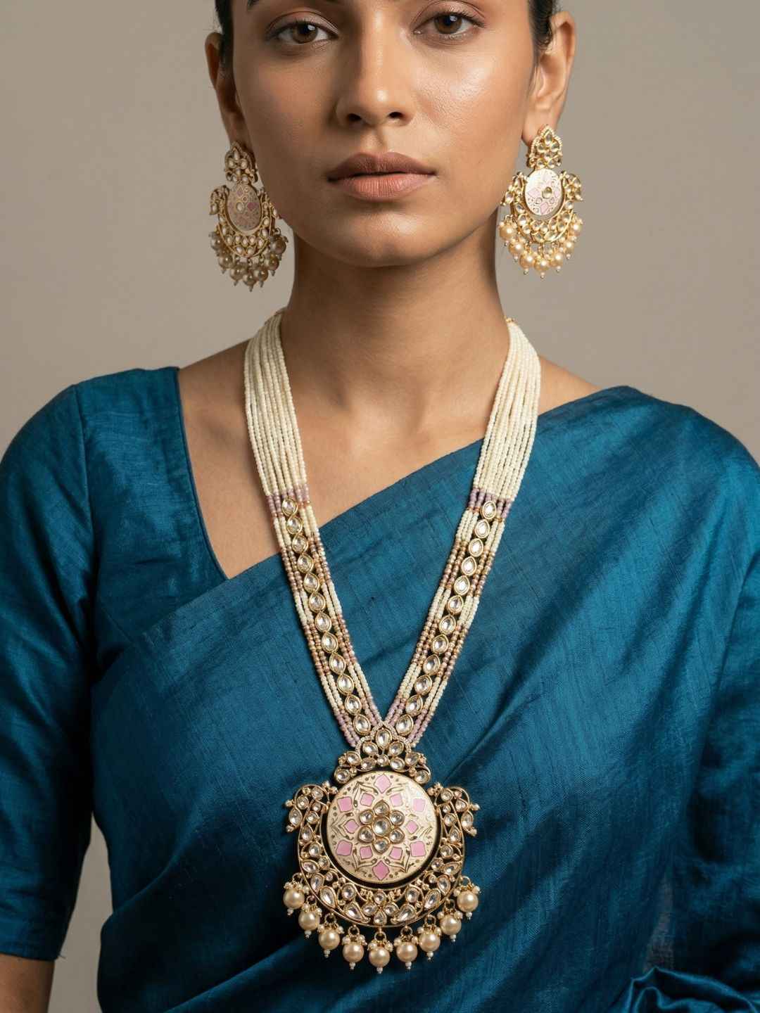 Traditional Long Beaded Kundan Pendant Necklace Set With Enamel | Wedding Jewellery Set
