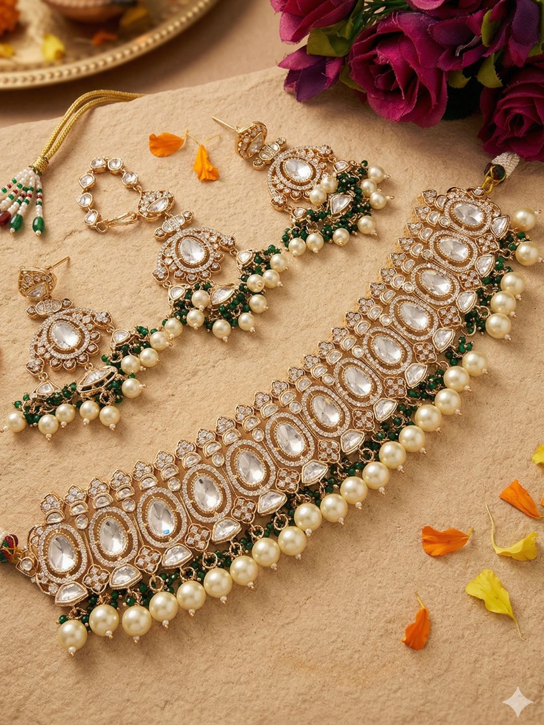 Sasha Rose Gold Finish Polki Kundan Bridal Choker Necklace With Tikka - Wedding Jewellery Set