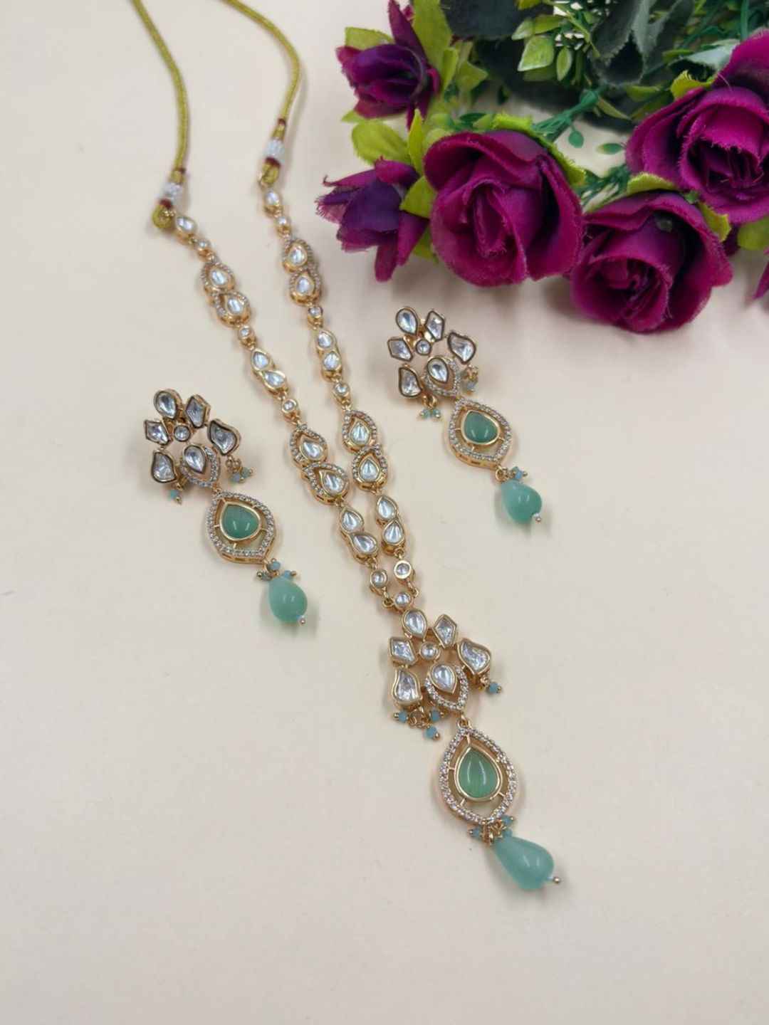 Elegant Rose Gold Finish mint green Polki Necklace Set For Women - Indo Western Modern Jewellery Set