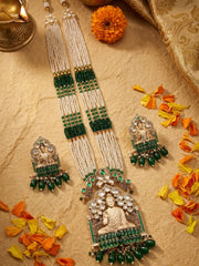 Designer Gautam Buddha Long green beaded Temple Necklace Set | South Indian Temple Jewellery For Women