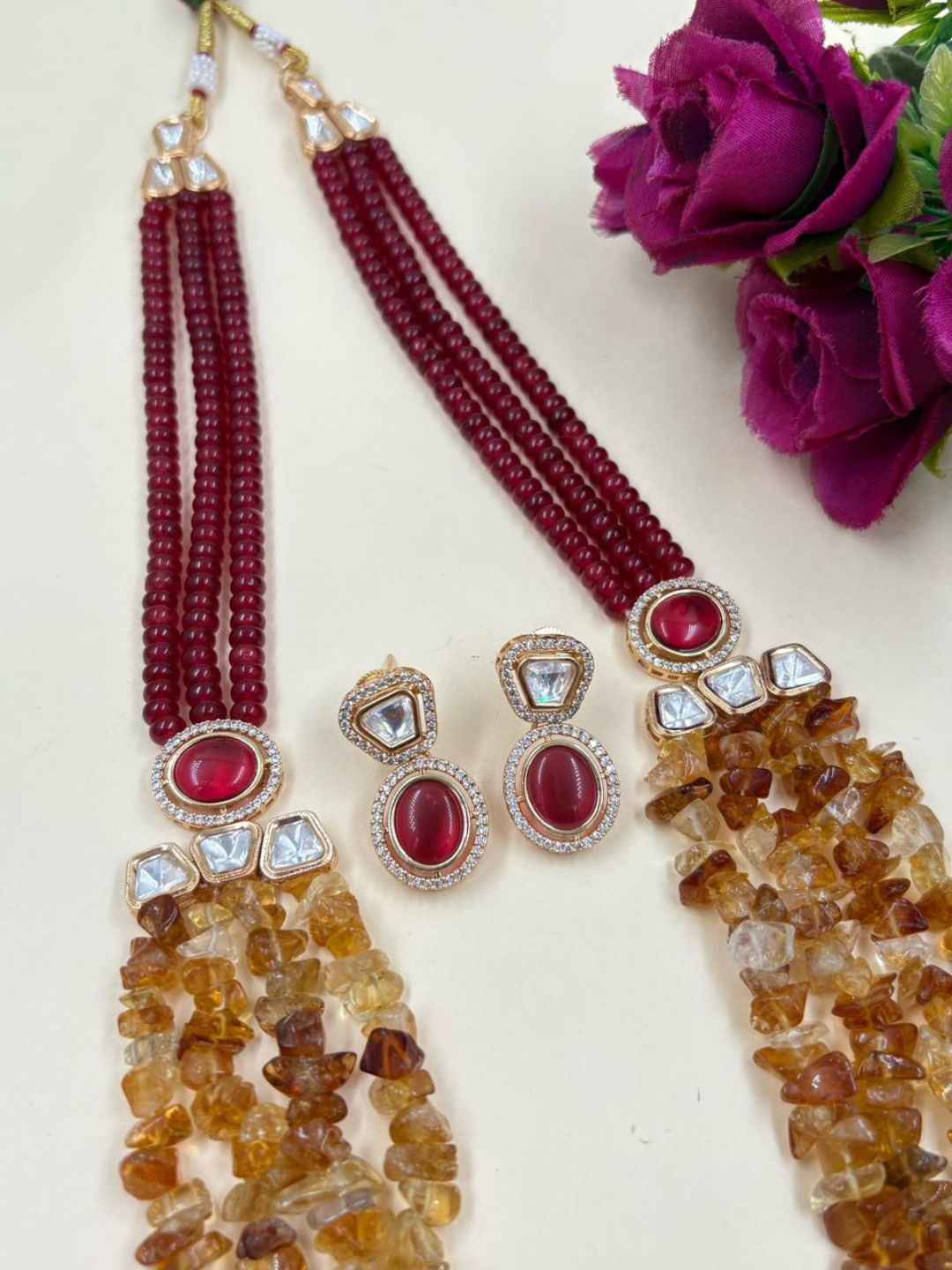 Elegant Layered Red Jade & Uncut Citrine Beaded Necklace Set With Kundan Brooches - Wedding And Party Wear