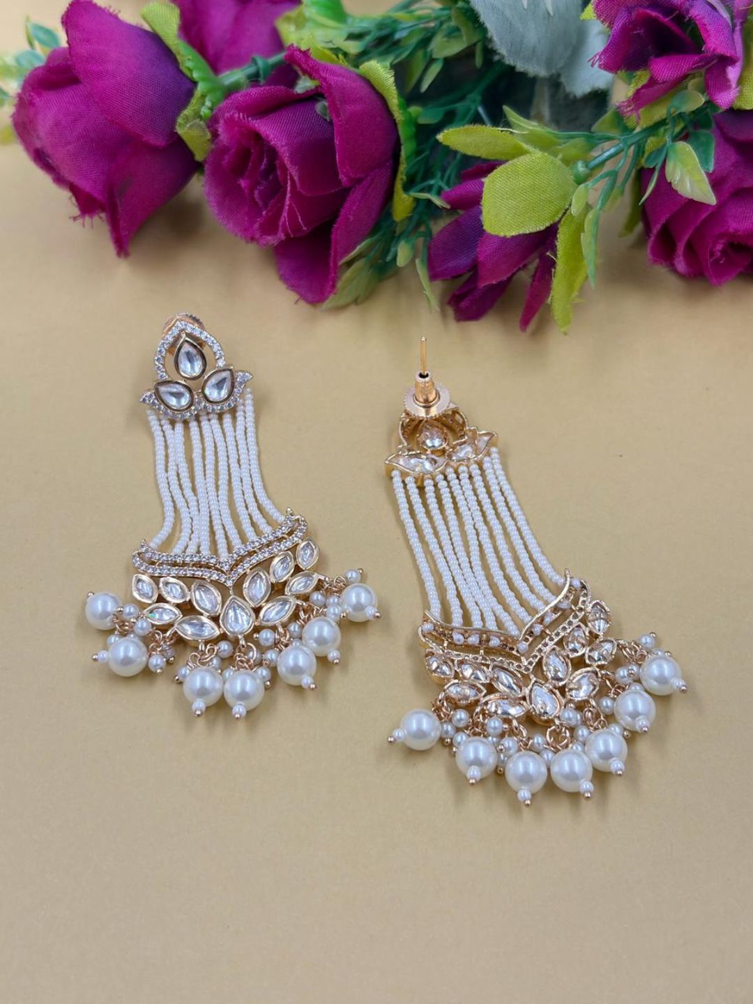 Long Kundan pearl Beaded Chandelier Earrings With Pearl Drops | Bridal Statement Ethnic Earrings for Women