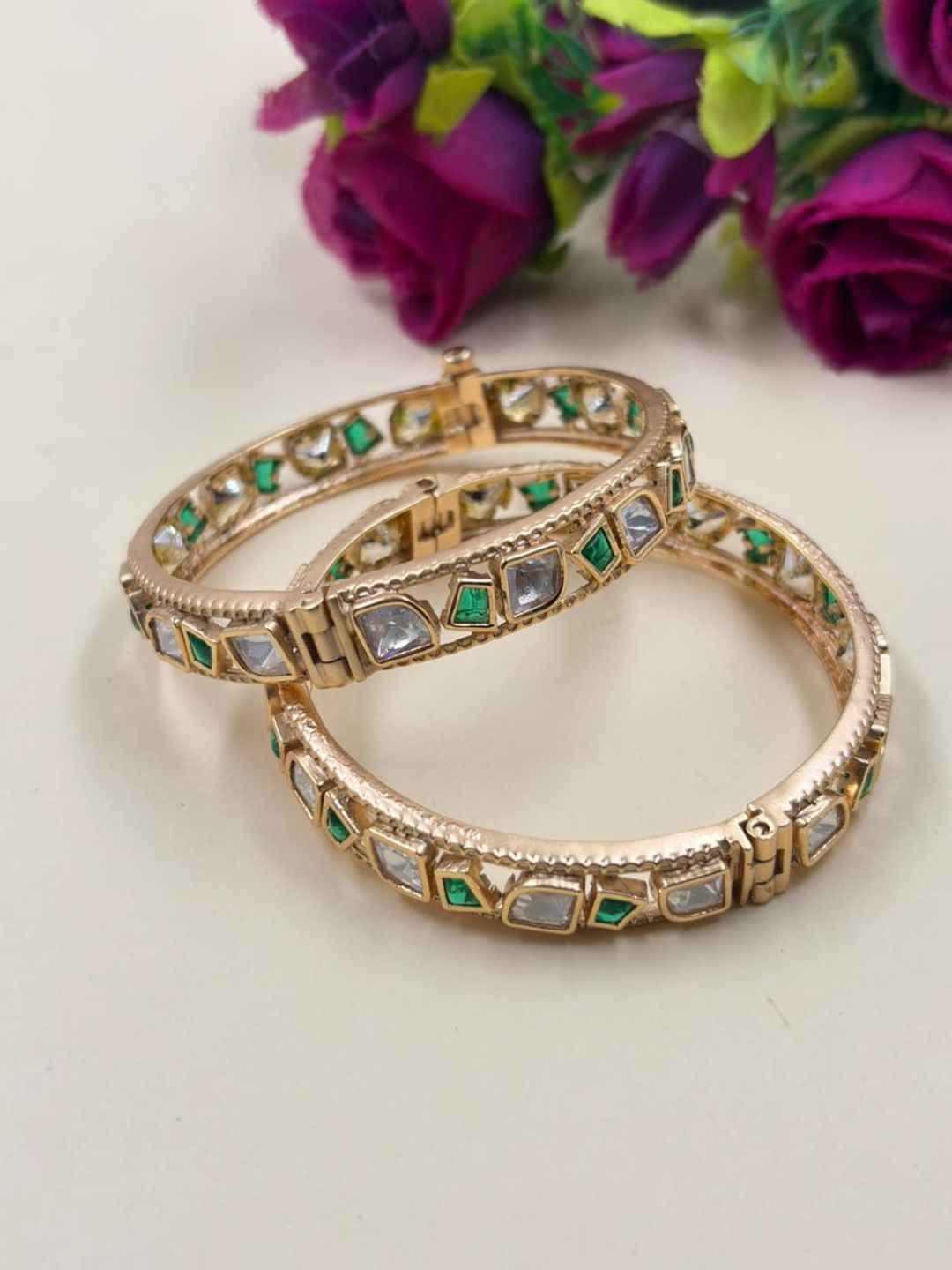 Elegant Gold Plated Emerald & Uncut Polki Bangles Set For Women - Wedding & Festive Wear