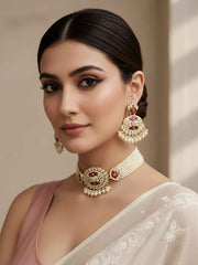 Gold Plated Statement Look red  Beaded Kundan Choker Necklace Set - Wedding Jewellery Set