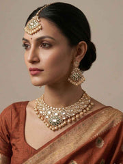 Gold Plated Luxury Wedding Polki Kundan Necklace Set With Tikka - Wedding & Bridal Jewellery Set