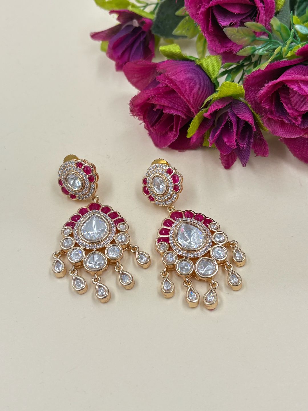 Exquisite Gold Plated red Polki Kundan Chandelier Earrings For Women - Wedding & Festive Earrings for women