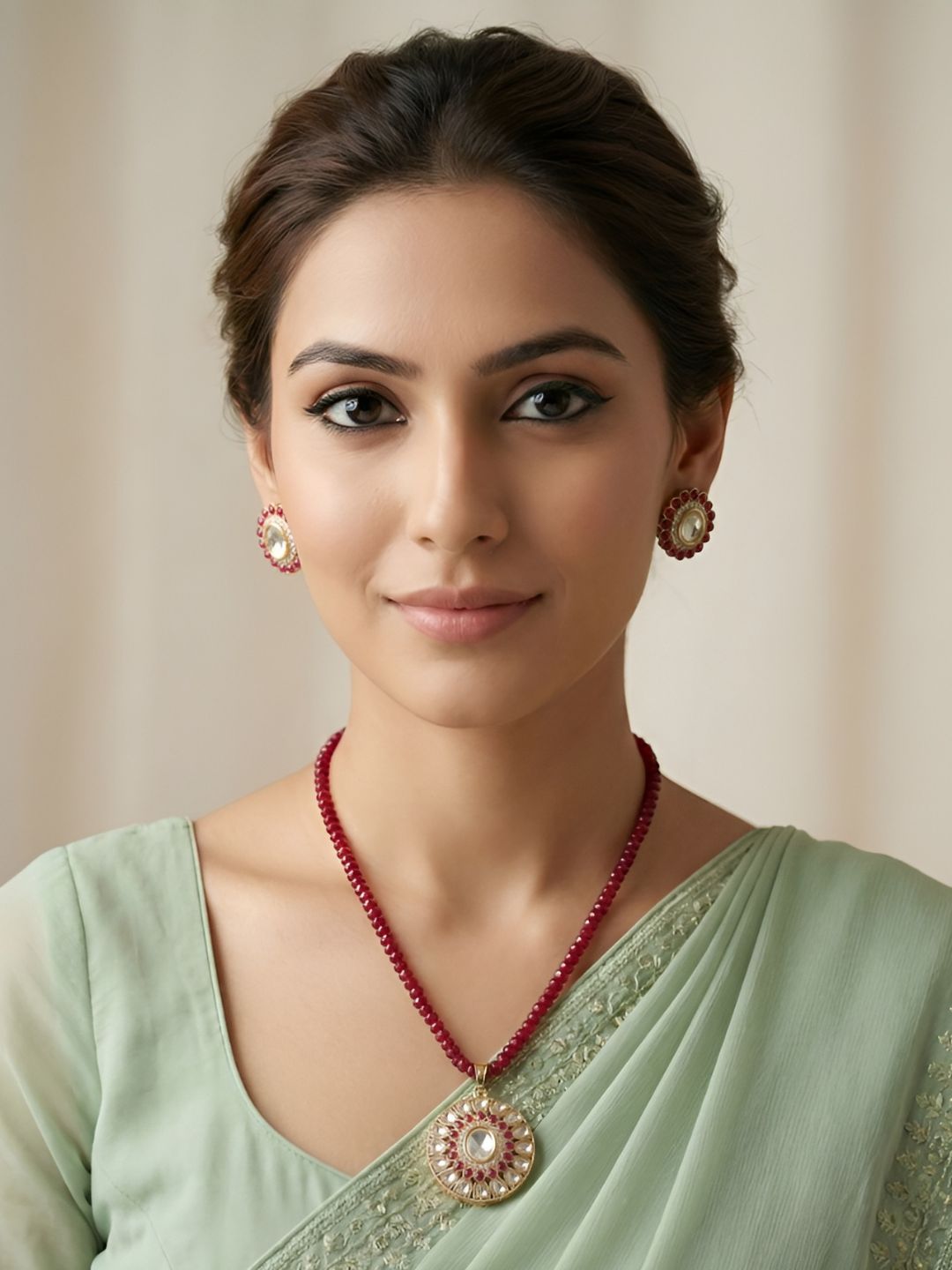 Gold Plated Kundan Pendant And Earring Set With red eaded Chain - Festive Wear Necklace