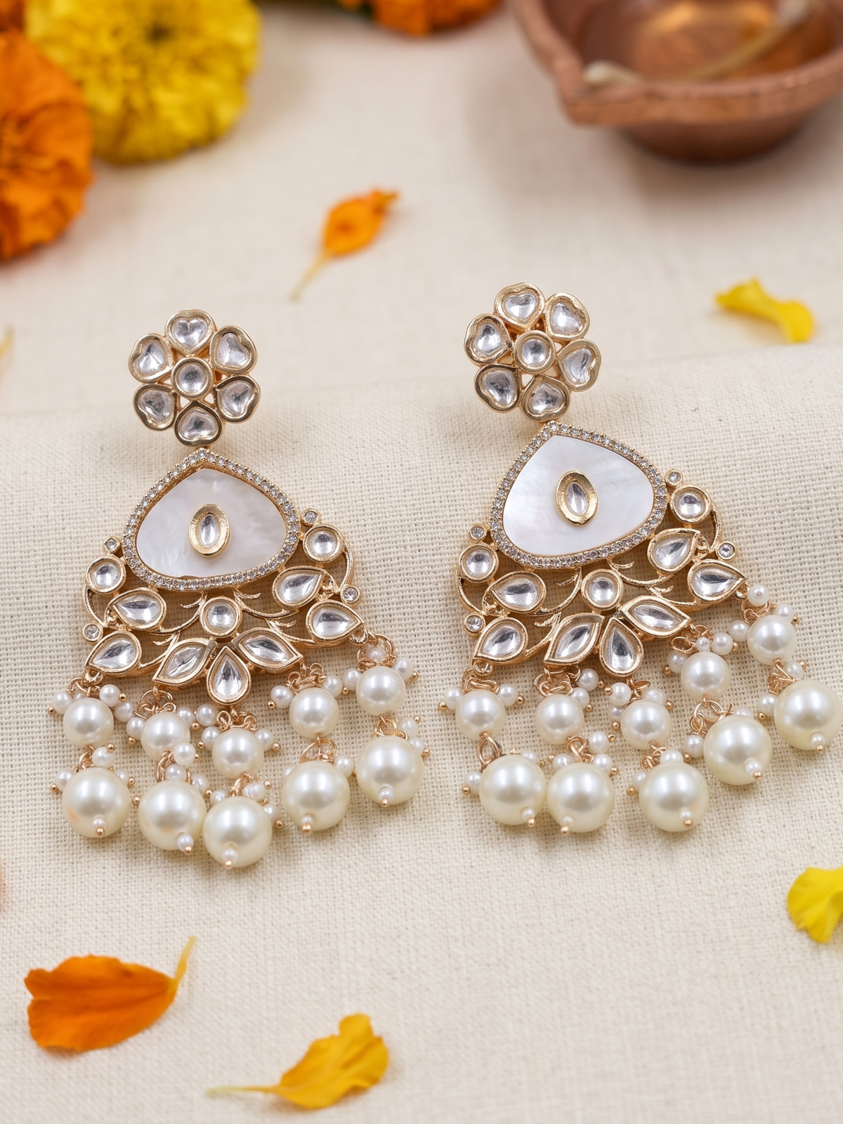 Elegant Gold Plated Pearls Besded Mother Of Pearl And Kundan Earrings For Weddings - Statement Earrings
