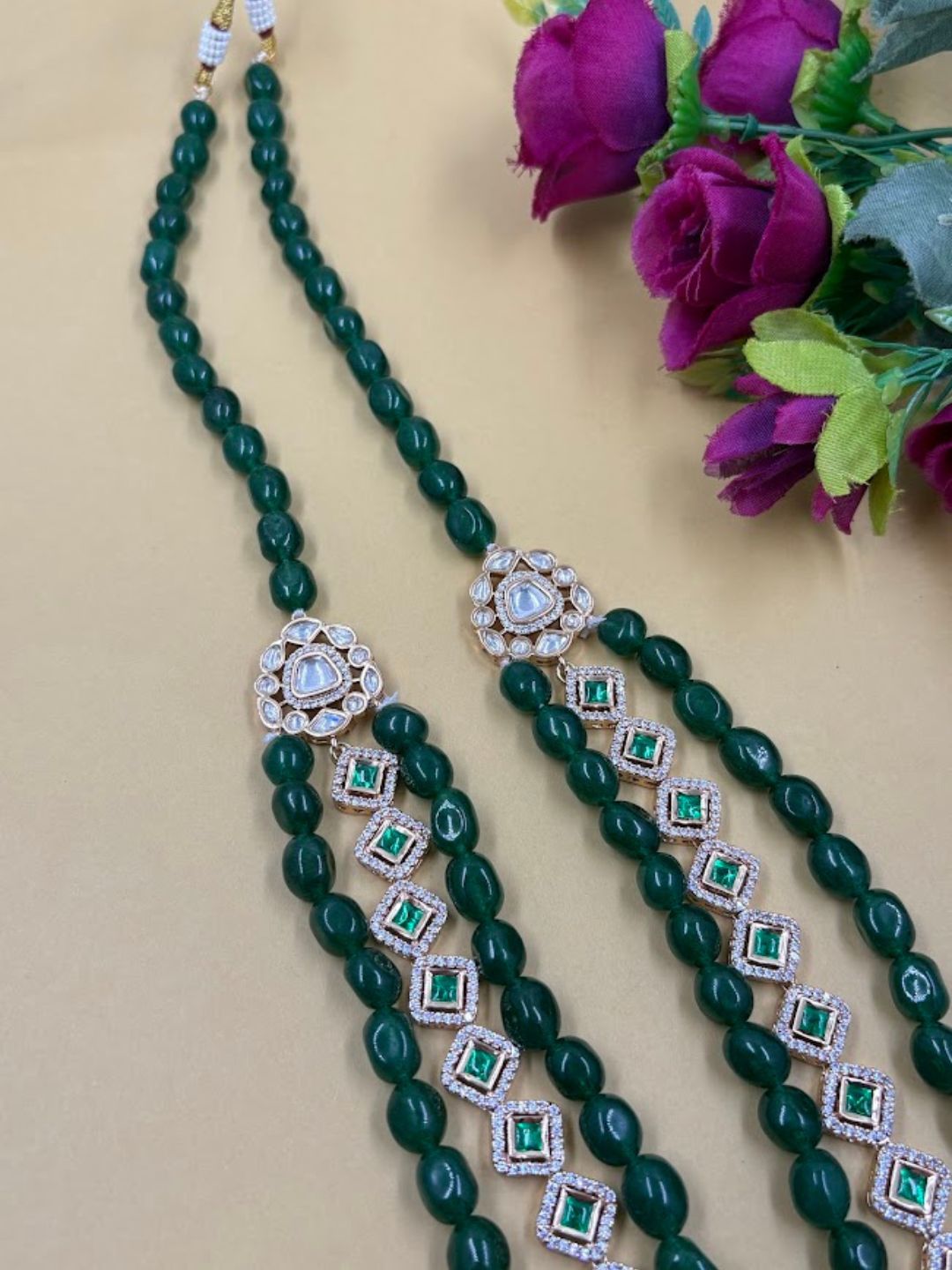 Maharaja Look Indian Grooms Sherwani Jewellery | Layered Green Kundan Necklace For Grooms | green beaded Dulha Necklace 