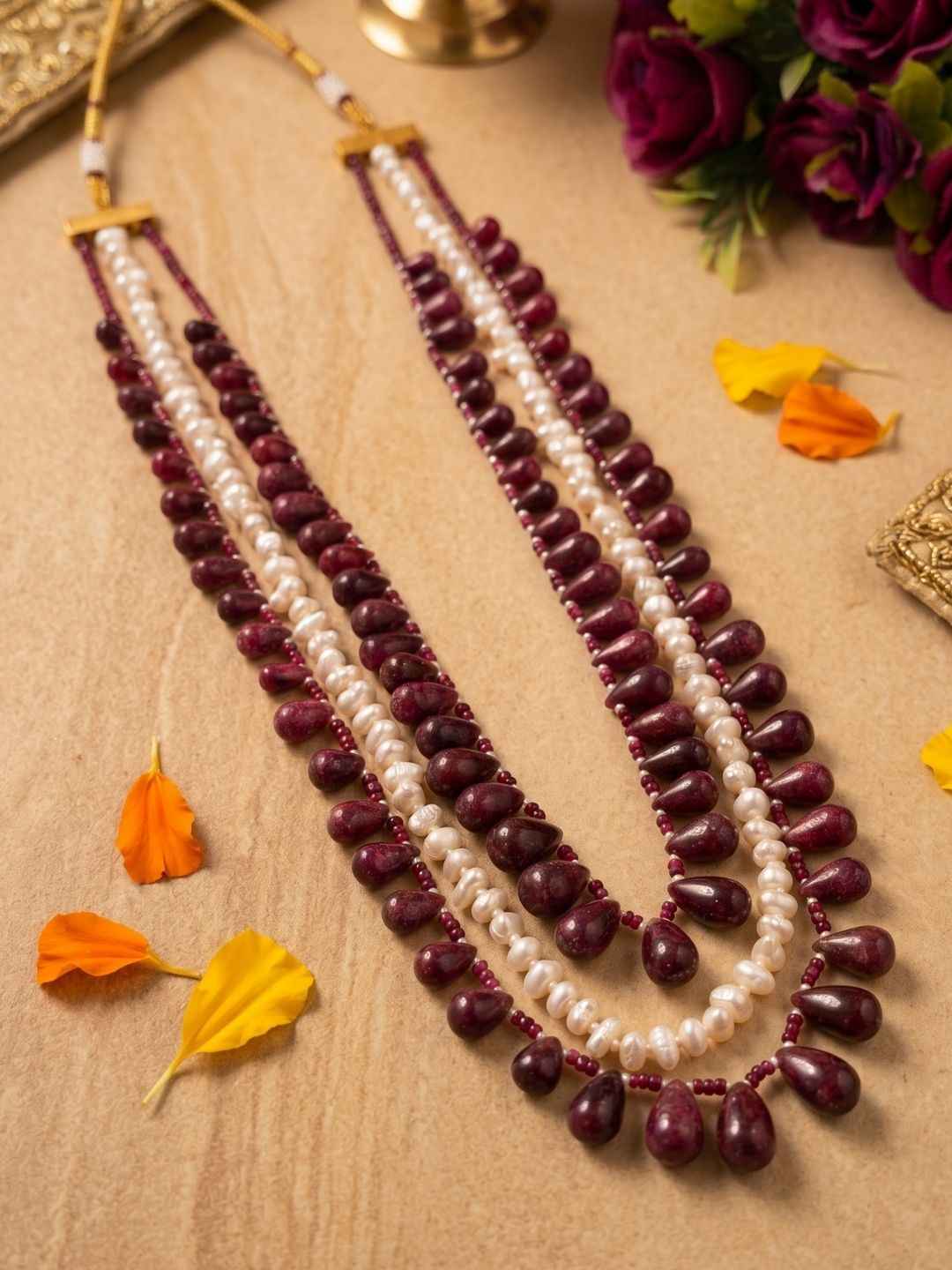 Natural Gemstone Ruby Drops And Freshwater Pearls Layered Beaded Necklace For Women
