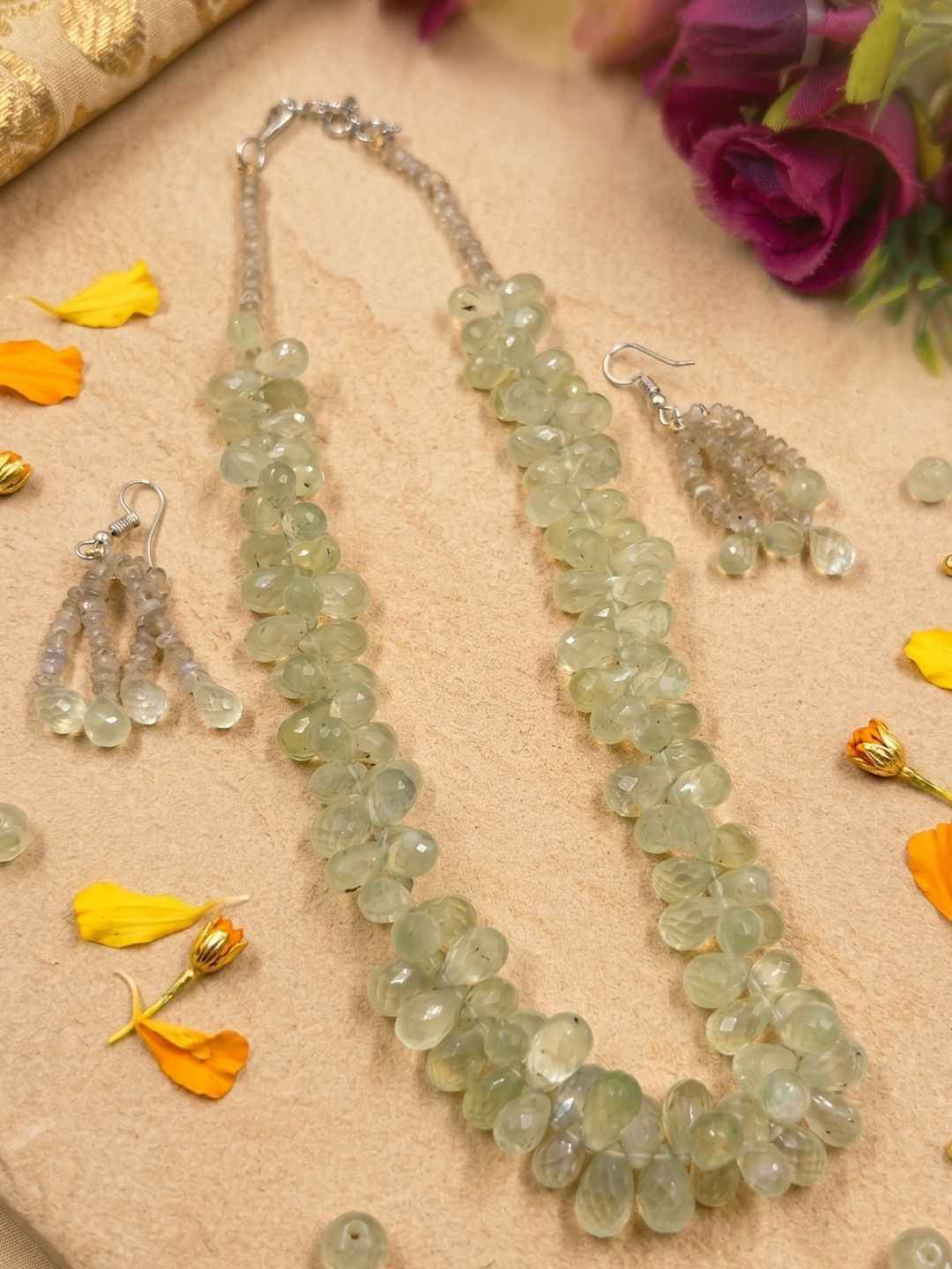 Semi Precious Gemstone Prehnite Drops Beaded Necklace Set For Women
