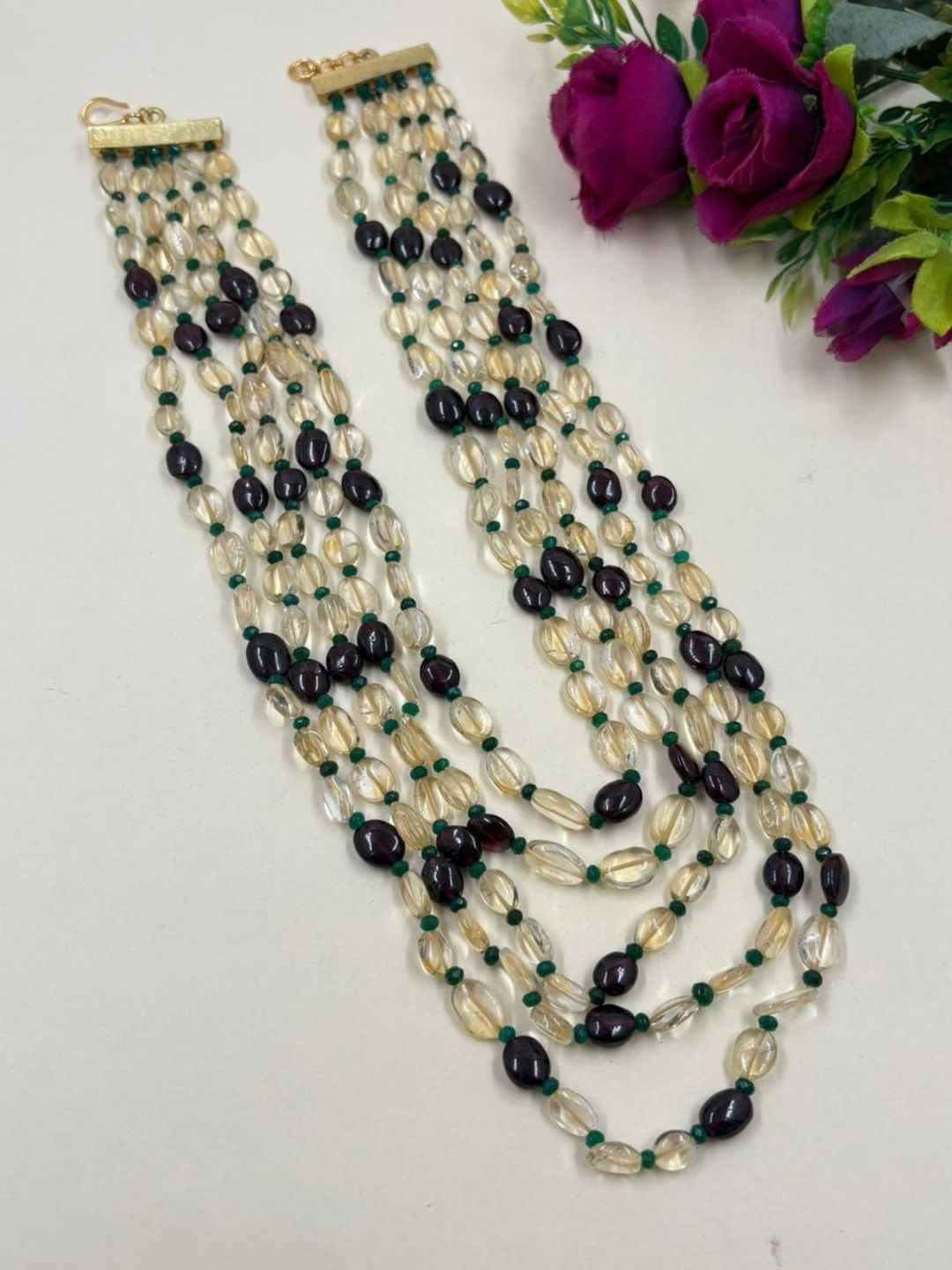 Semi Precious Layered Garnet And Yellow Citrine Beaded Necklace For Women