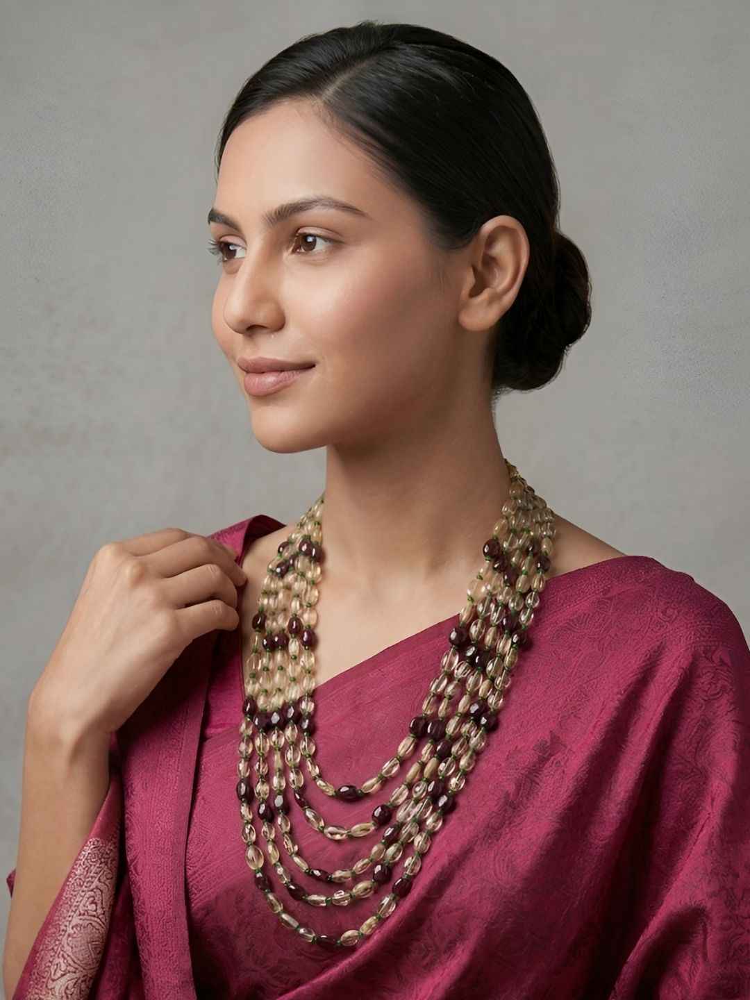 Semi Precious Layered Garnet And Yellow Citrine Beaded Necklace For Women