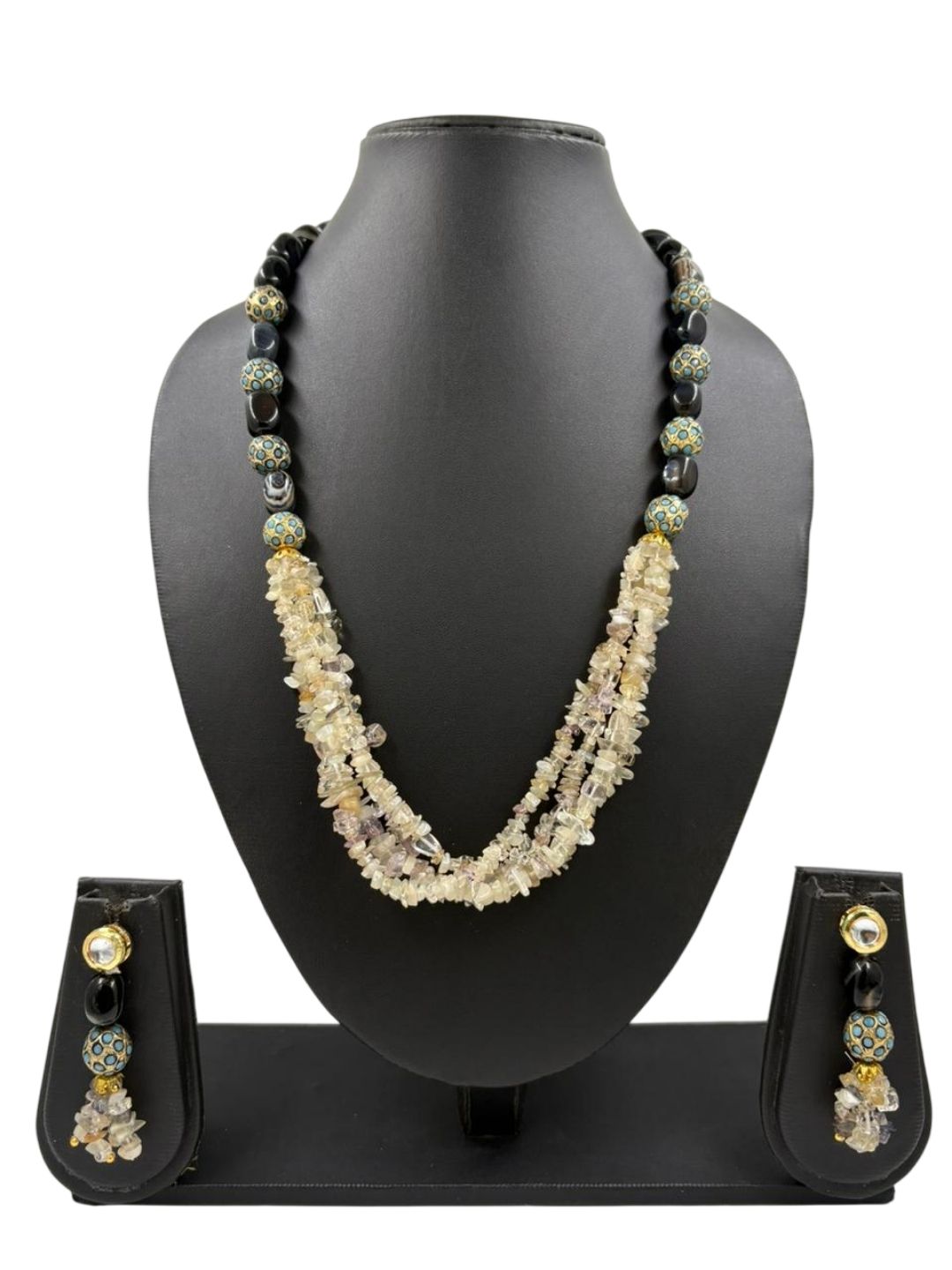 Designer Black And White Beaded Jewellery Set - Elegant Gemstone Jewellery