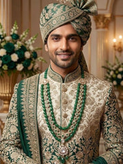 Maharaja Look Indian Grooms Sherwani Jewellery | Layered Green Kundan Necklace For Grooms | green beaded Dulha Necklace 