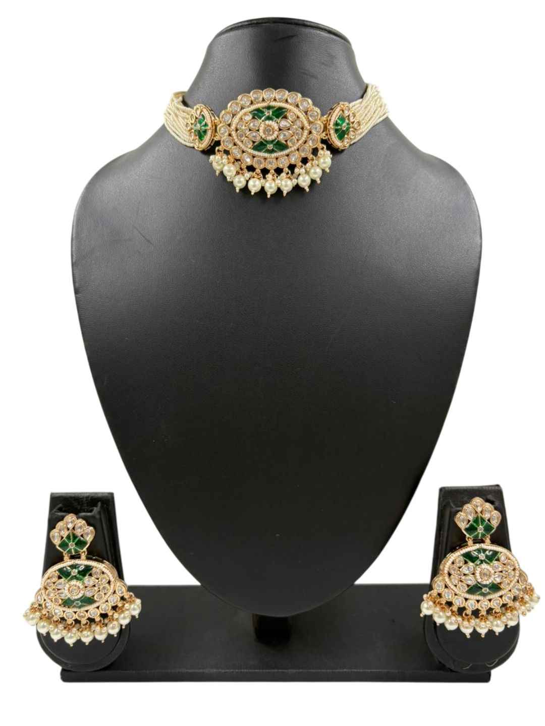 Gold Plated Statement Look green Beaded Kundan Choker Necklace Set - Wedding Jewellery Set