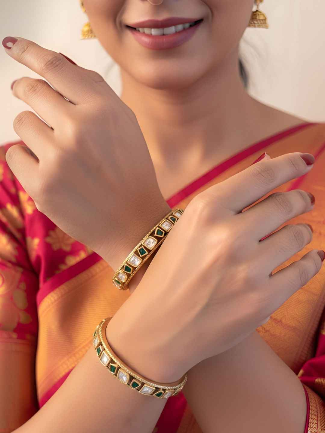 Elegant Gold Plated Emerald & Uncut Polki Bangles Set For Women - Wedding & Festive Wear