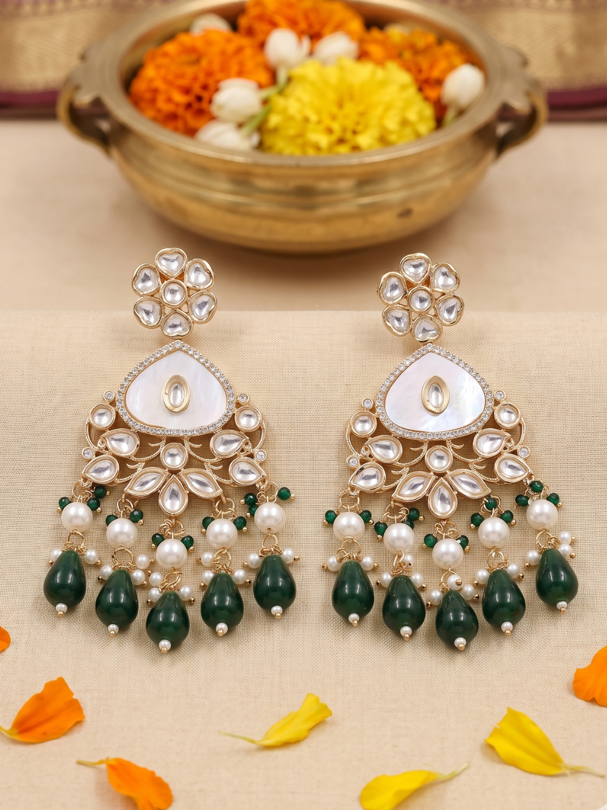 Elegant Gold Plated Green beaded Mother Of Pearl And Kundan Earrings For Weddings - Statement Earrings