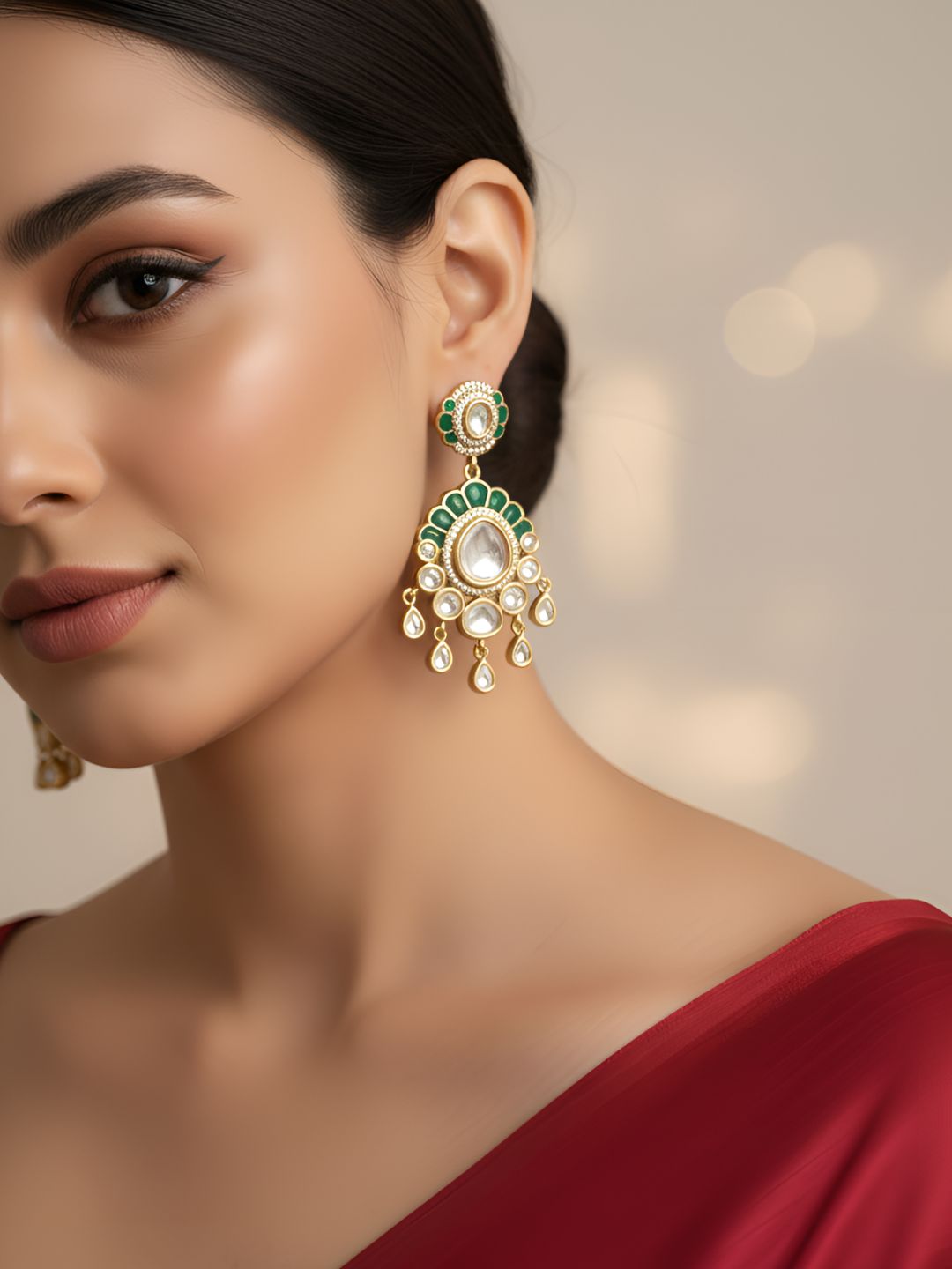 Exquisite Gold Plated green Polki Kundan Chandelier Earrings For Women - Wedding & Festive Earrings