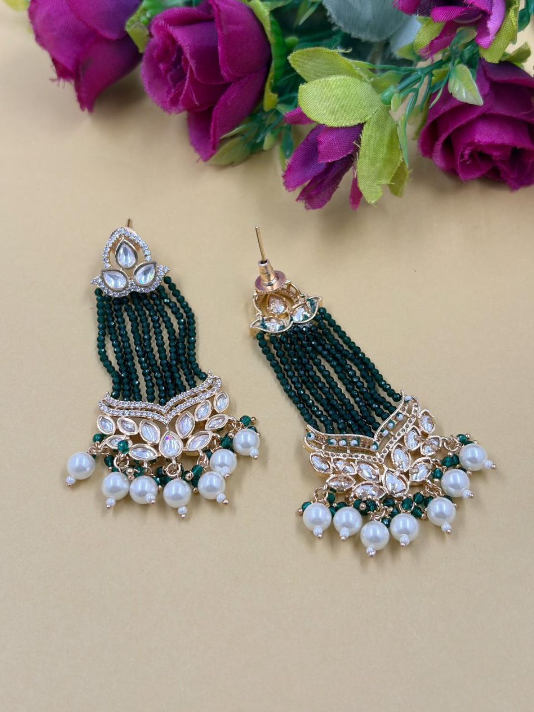 Long Kundan green Beaded Chandelier Earrings With Pearl Drops | Bridal Statement Ethnic Earrings for Women