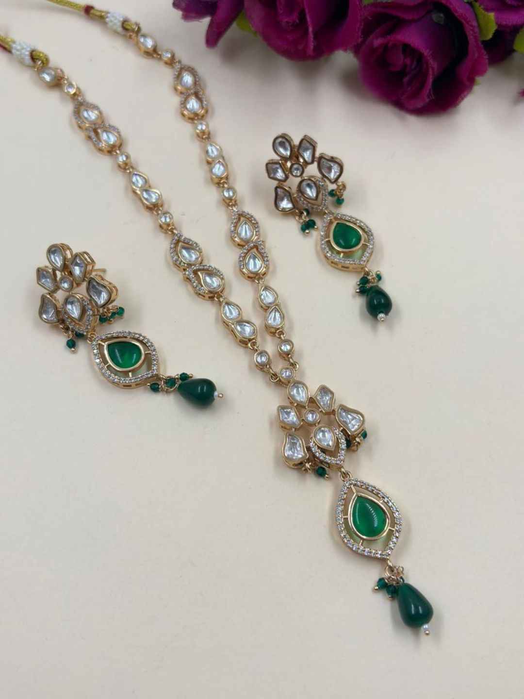 Elegant Rose Gold Finish green Polki Necklace Set For Women - Indo Western Modern Jewellery Set